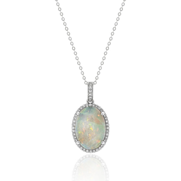 14K White Gold 4CT Opal Necklace with Diamond Halo