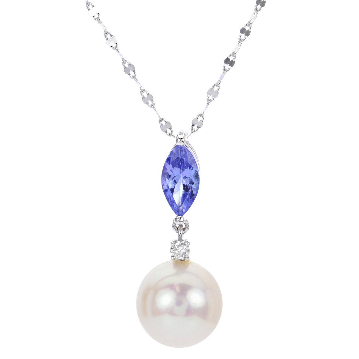 14K White Gold 9MM Freshwater Cultured Peark & Tanzanite Necklace