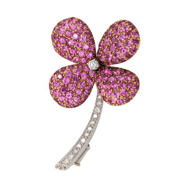 Estate: 18K Two Tone Pink Sapphire & Diamond Pin