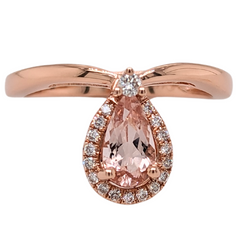 14K Rose Gold Pear Shape Morganite Diamond Halo Ring
