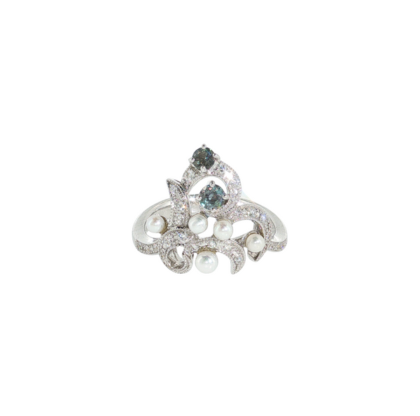 Estate 18kt White Gold .29ctw Alexandrite .24ctw Diamond Seed Pearl Ring