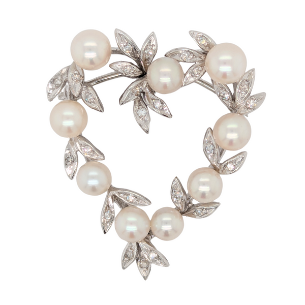 Estate: 14K White Gold Diamond & Pearl Heart Brooch Pin