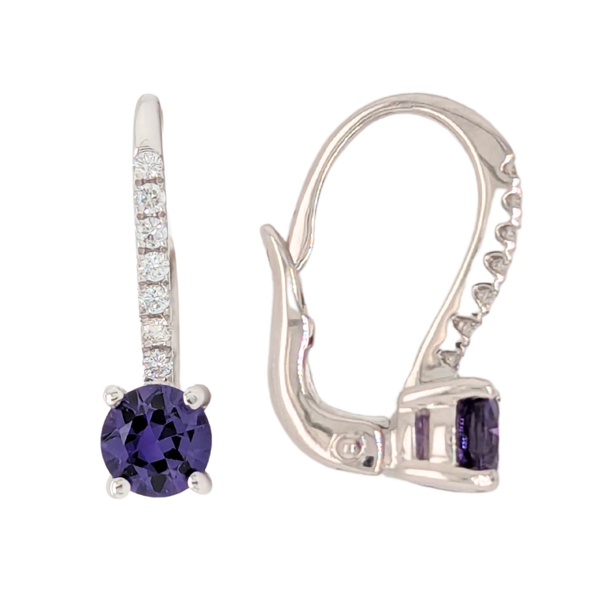 14K White Gold Purple Sapphire with Diamond Levernback Earrings