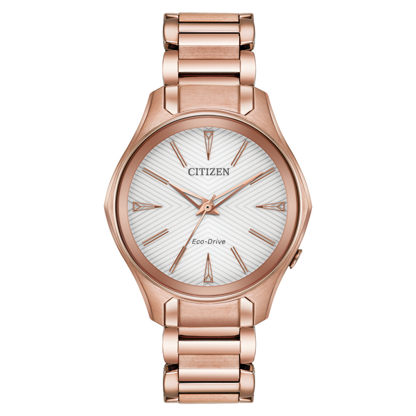 Citizen Eco Drive Rose Tone Watch with Silver Patterned Dial EM0593-56A