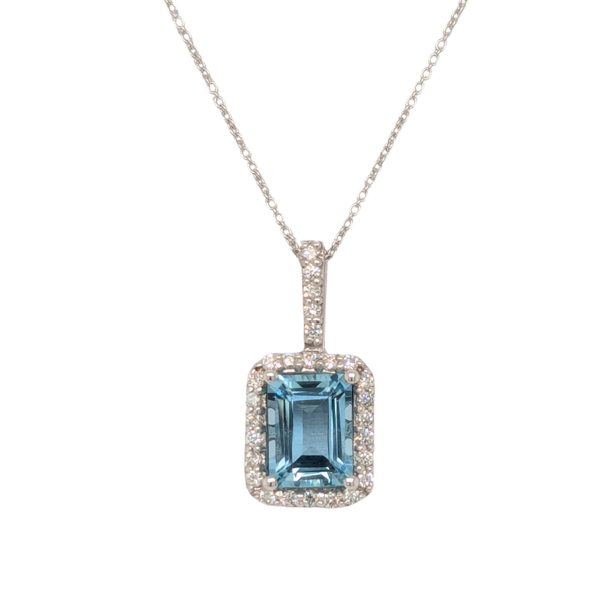 14K White Gold 1.50CT Emerald Cut Aquamarine Diamond Halo Necklace