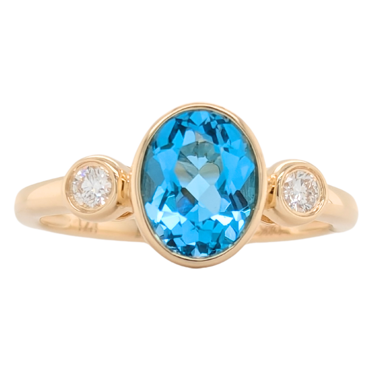 14K Gold Oval Blue Topaz & Diamond Bezel Set Ring