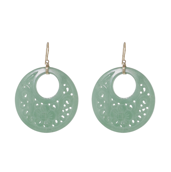 Estate 14kt Yellow Gold Carved Flower Jade Earrings