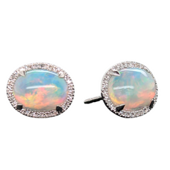 14K White Gold Opal Diamond Halo Stud Earrings