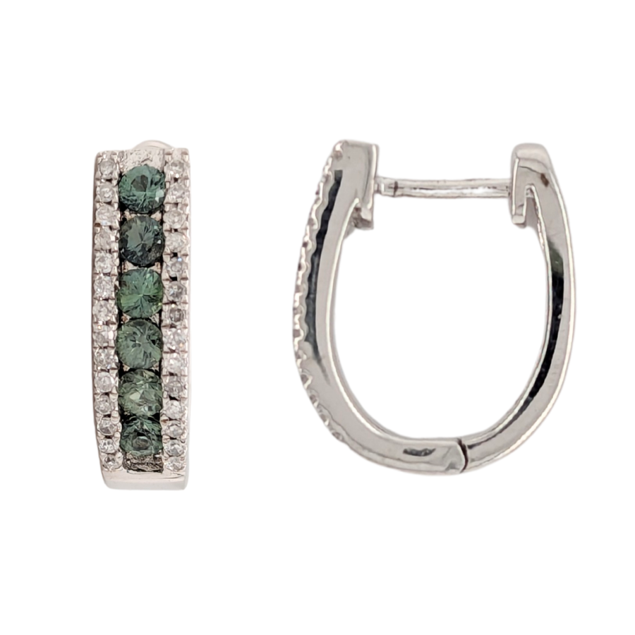 Sterling Silver Blue Green Sapphire Diamond Hoop Earrings