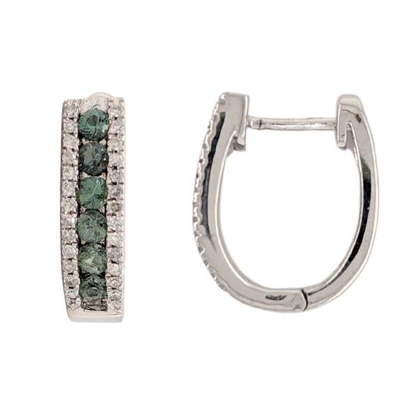 Sterling Silver Blue Green Sapphire Diamond Hoop Earrings