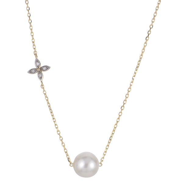 14K Pearl with Diamond Flower Necklace
