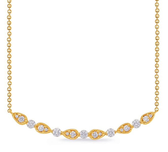 14K Gold Curved Bar Detailed Diamond Necklace