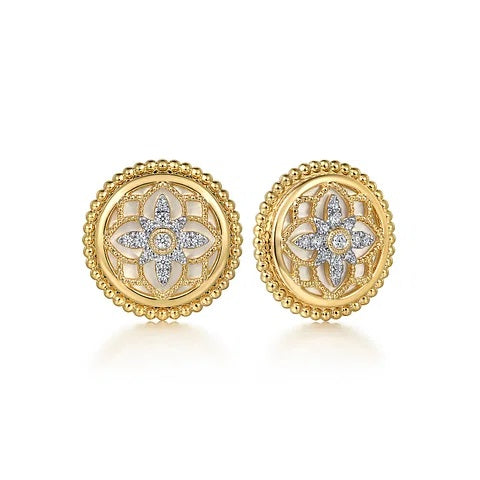 14K Gold Mother of Pearl with Diamond Accent Stud Earrings