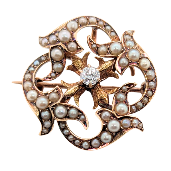 Estate: 14K Antique Diamond & Seed Pearl Brooch/Pendant