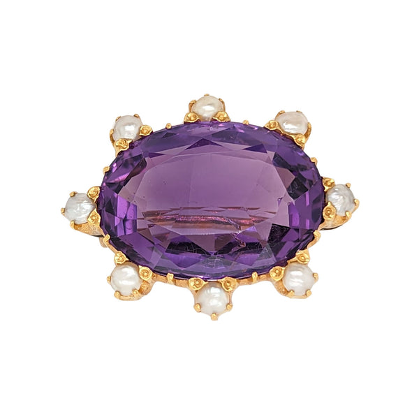 Estate: 18K Yellow Gold Amethyst & Seed Pearl Brooch