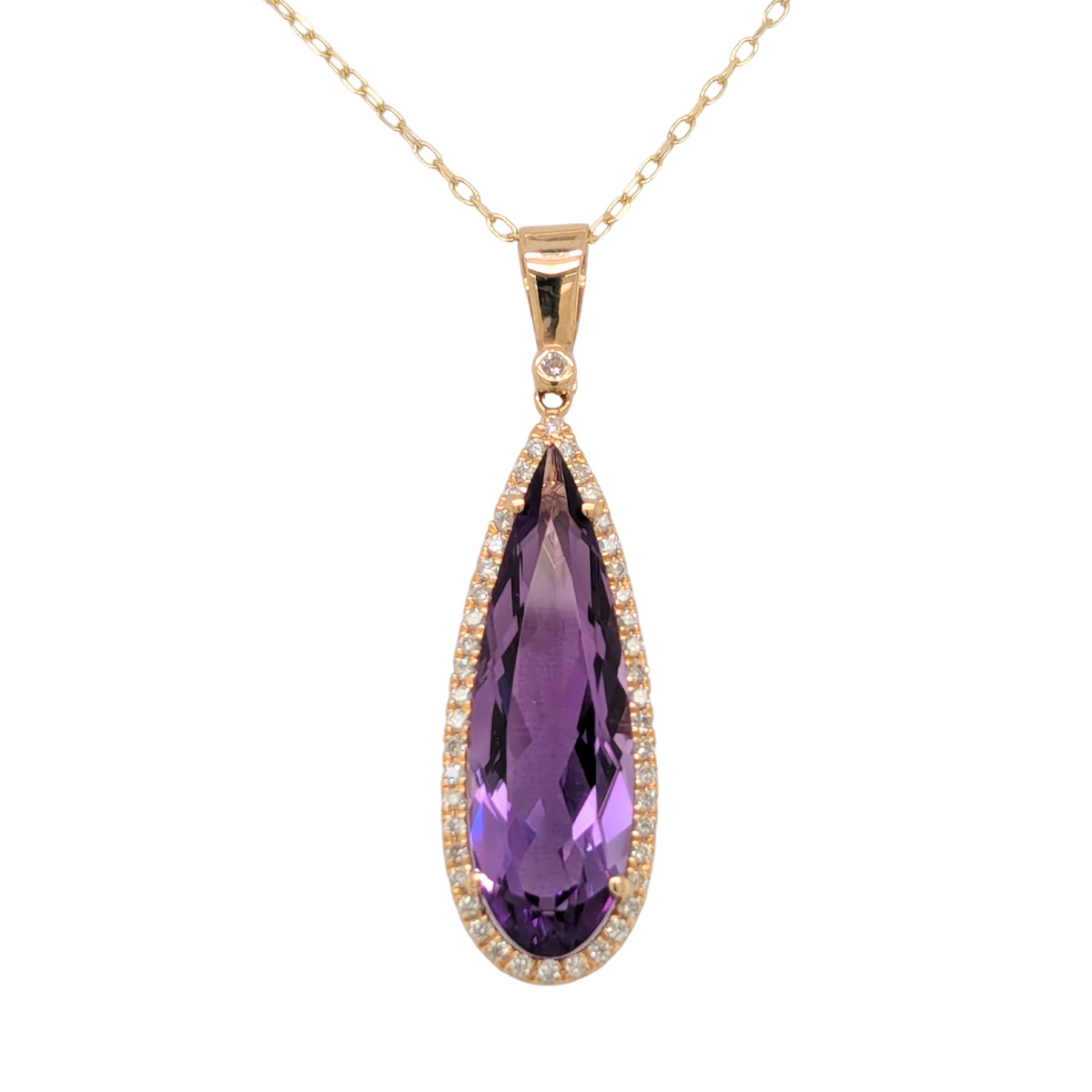 14K Yellow Gold Elongated Pear Amethyst Necklace with Diamonds