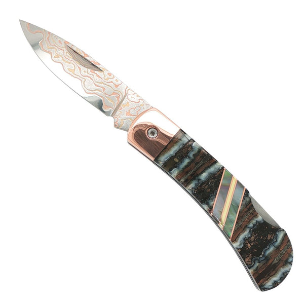 Copper & Brass Damascus Natural Mammoth Tooth Pocket Knife