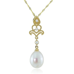 14K Yellow Gold Filigree Seed Pearl and Fresh Water Pearl Necklace