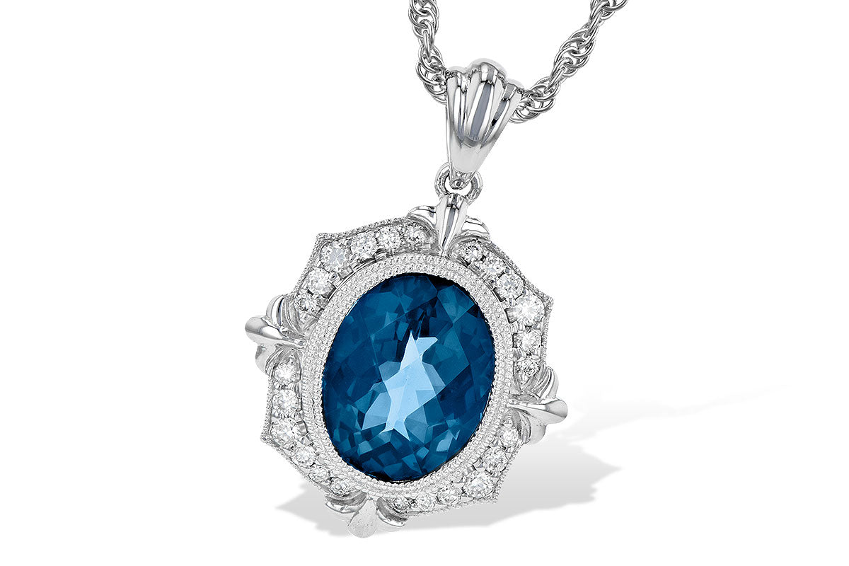 14KT Gold London Blue Topaz Oval Necklace with Milgrain Detailing