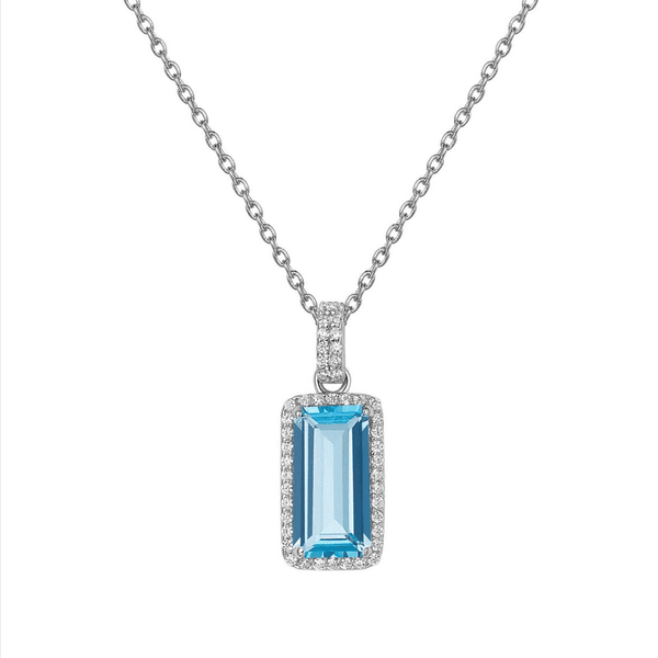 SS EC Blue Topaz Sim Dia Halo Necklace.