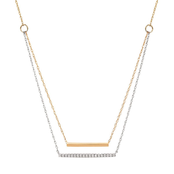 14K Two Tone Double Bar Diamond Layer Necklace