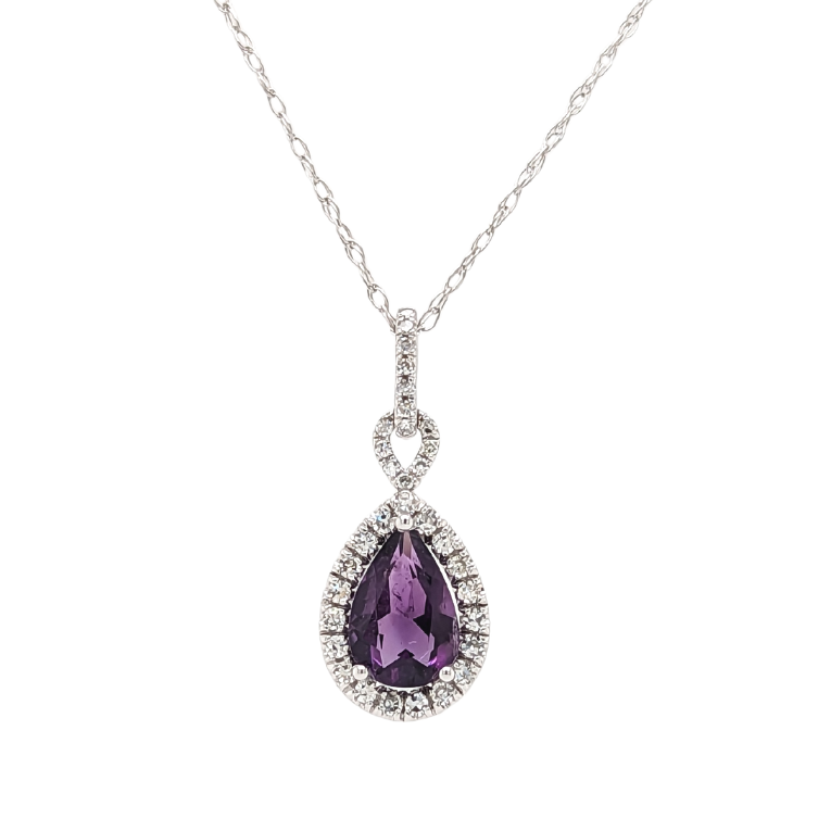 14K White Gold Pear Shape Amethyst & Diamond Halo Necklace