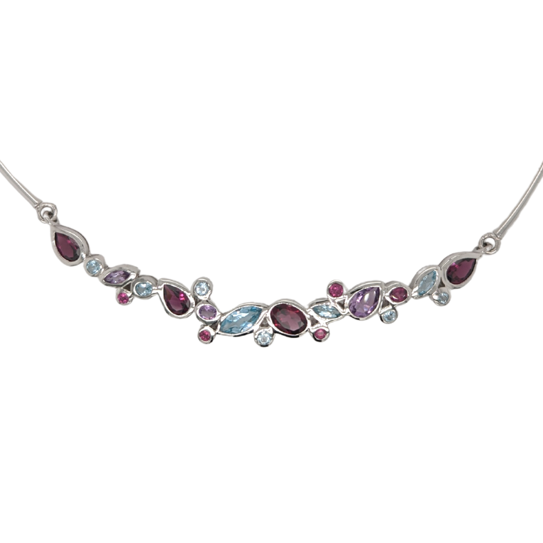 Sterling Silver Multi-Gemstone Bezel Set Necklace