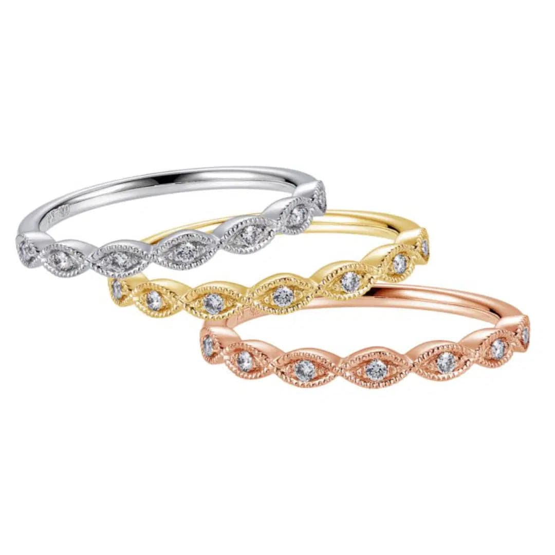 14K R .06CTW RD Dia MQ Shape Milgrain Stackable Ring.