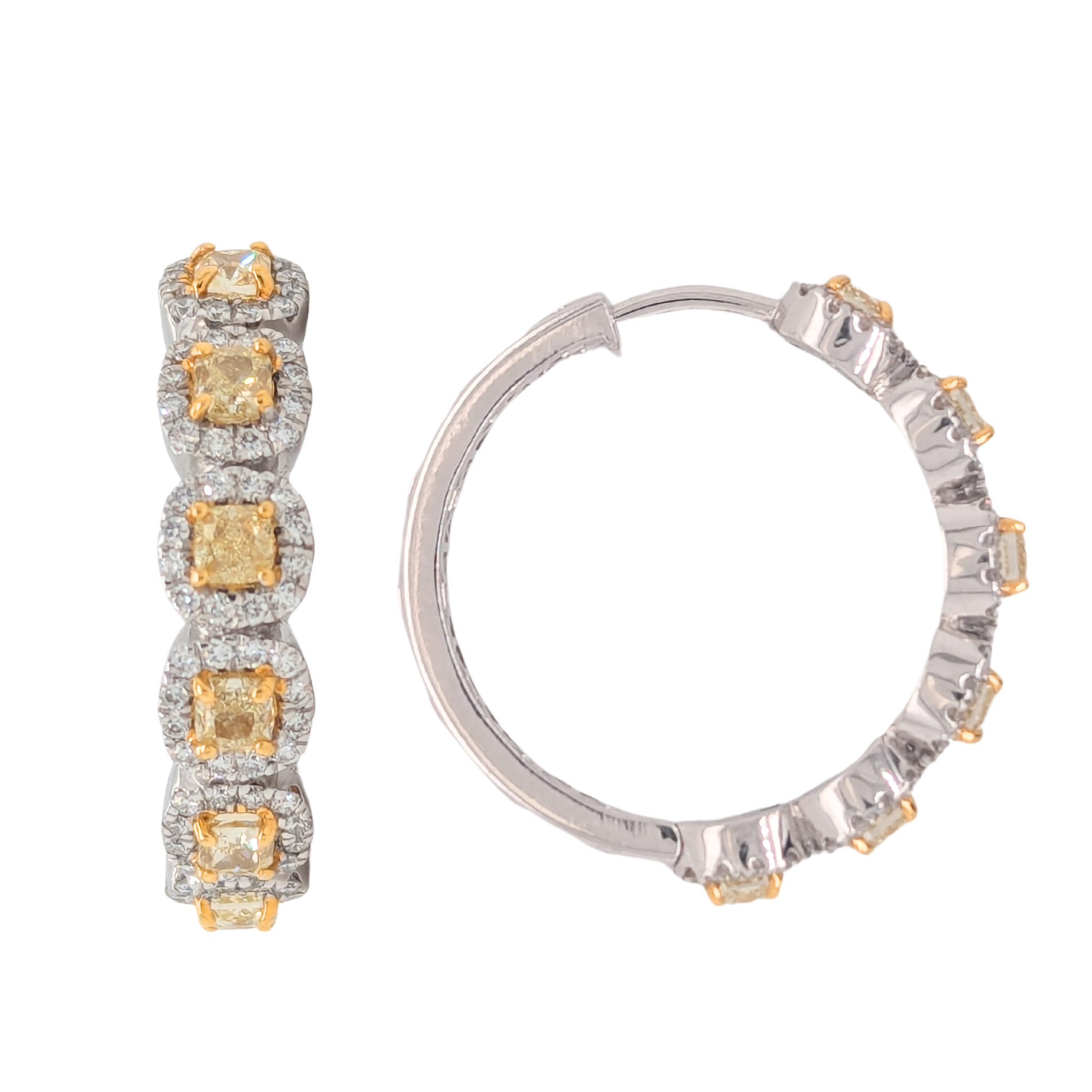 14K Gold Cushion Cut Natural Yellow Diamond Hoop Earrings