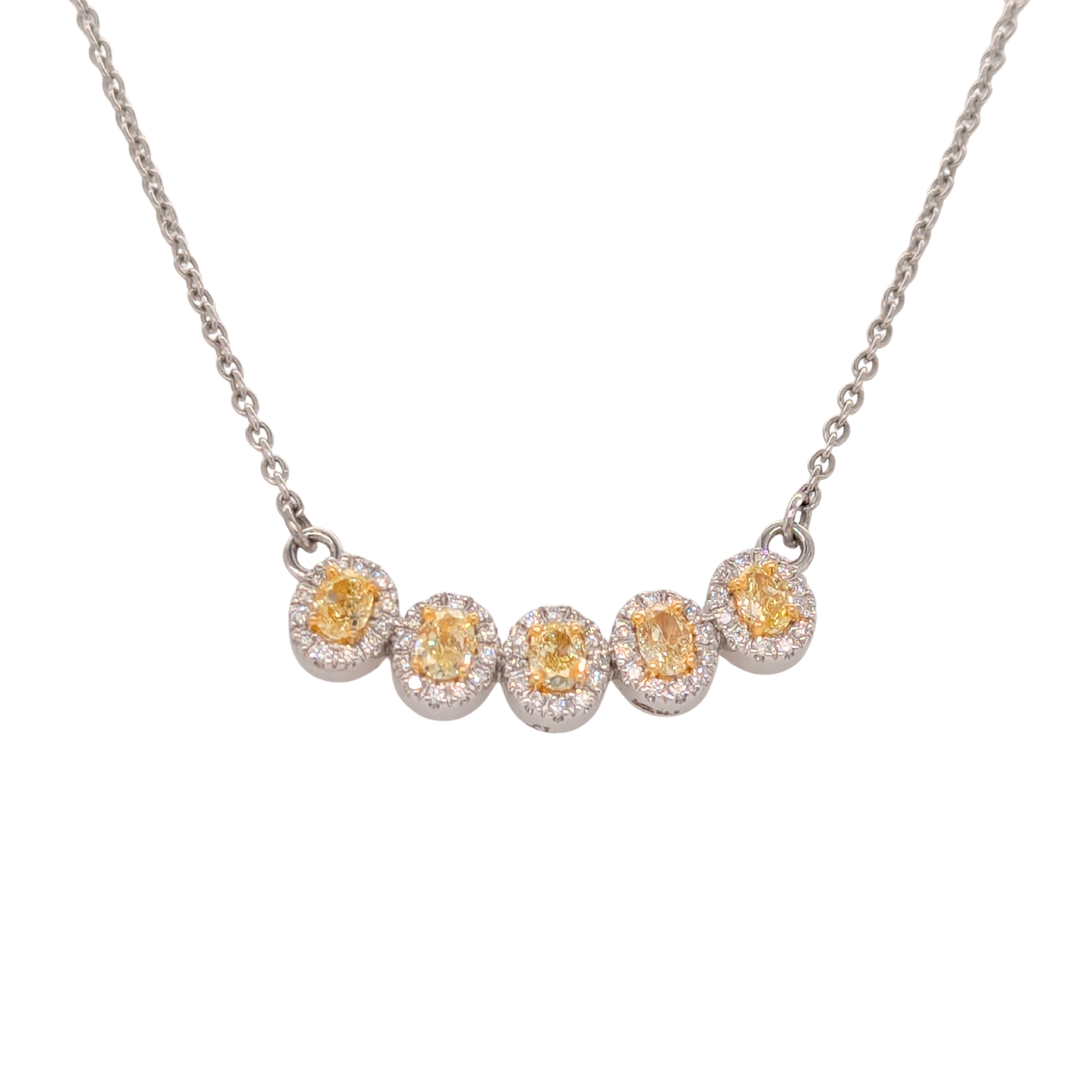 14K Two Tone Natural Oval Yellow Diamond Five Stone Necklace