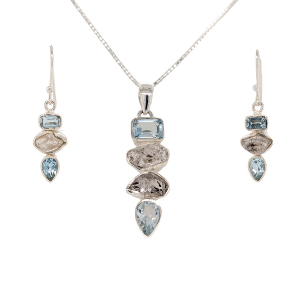 Sterling Silver Herkimer Diamond & Blue Topaz Necklace and Earring Set
