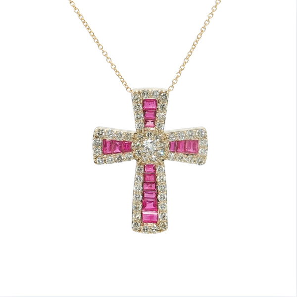Estate 14kt Yellow Gold 1.5ctw Ruby Diamond Cross 18in