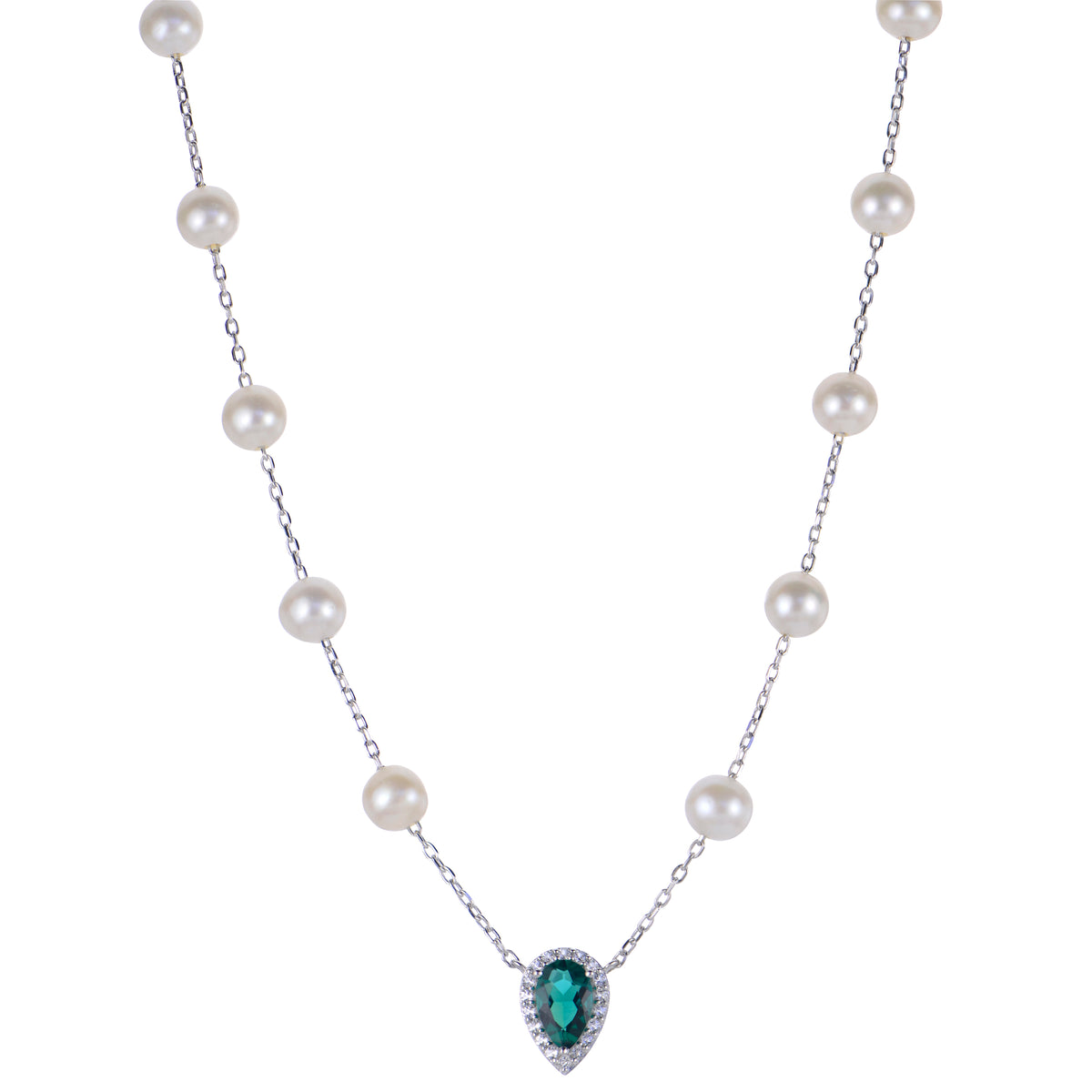 Sterling Silver Freshwater Cultured Pearls & Lab Emerald Necklace