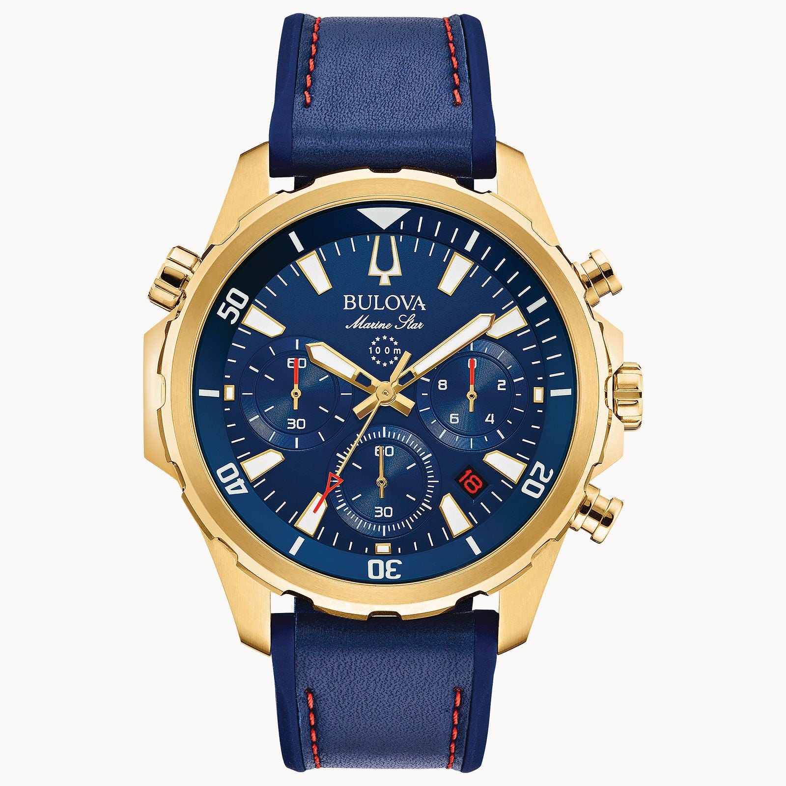 Bulova Marine Star Goldtone Blue & Red Leather Watch 97B168