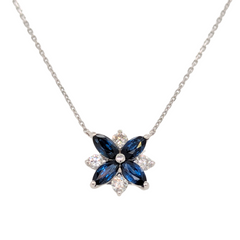 18K White Gold Floral Blue Sapphire & Diamond Necklace