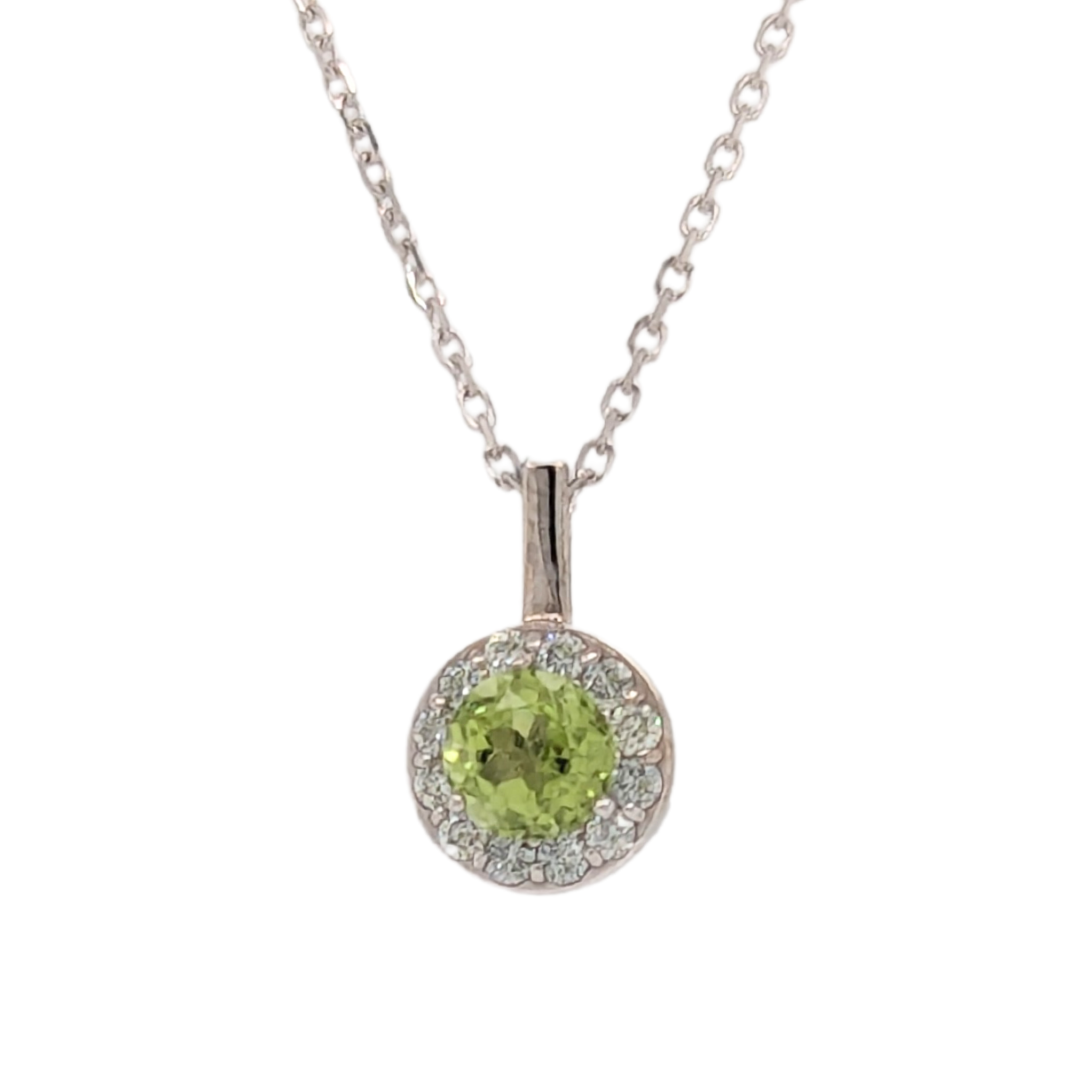 14K White Gold Peridot Diamond Halo Birthstone Necklace