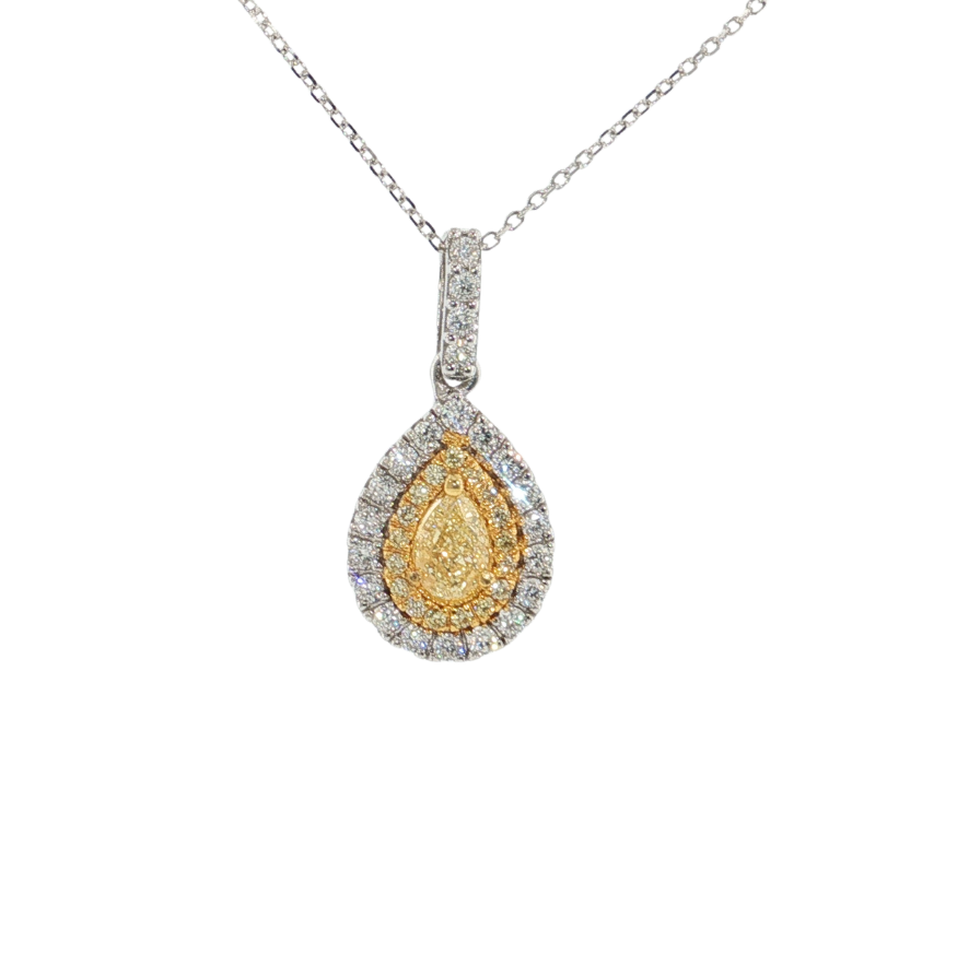 14K T/T 1.03CTW PEAR YELLOW WHITE HALO PENDANT W/CHAIN