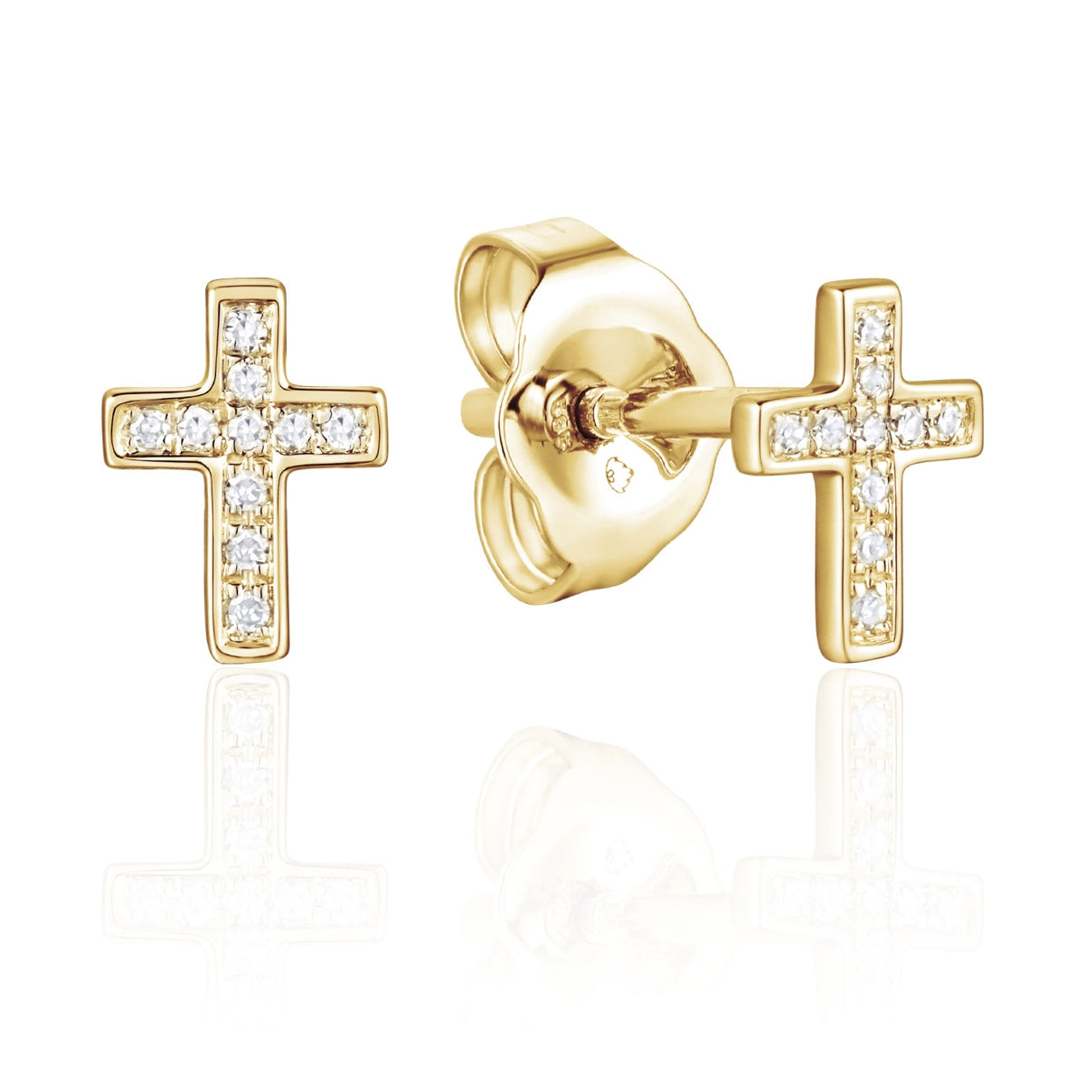 14K Yellow Gold Diamond Cross Stud Earrings