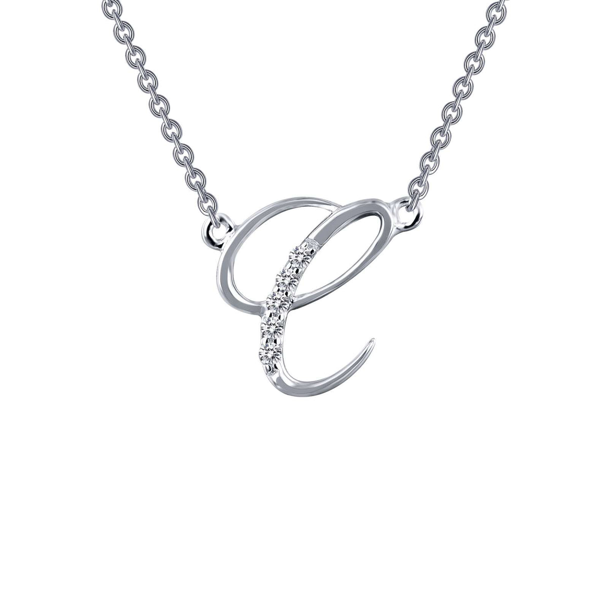 Sterling Silver Initial "C" Script Necklace with Simulated Diamonds