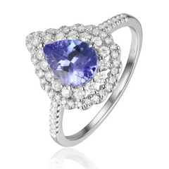 14K White Gold Pear Shape Tanzanite Double Halo Diamond Ring