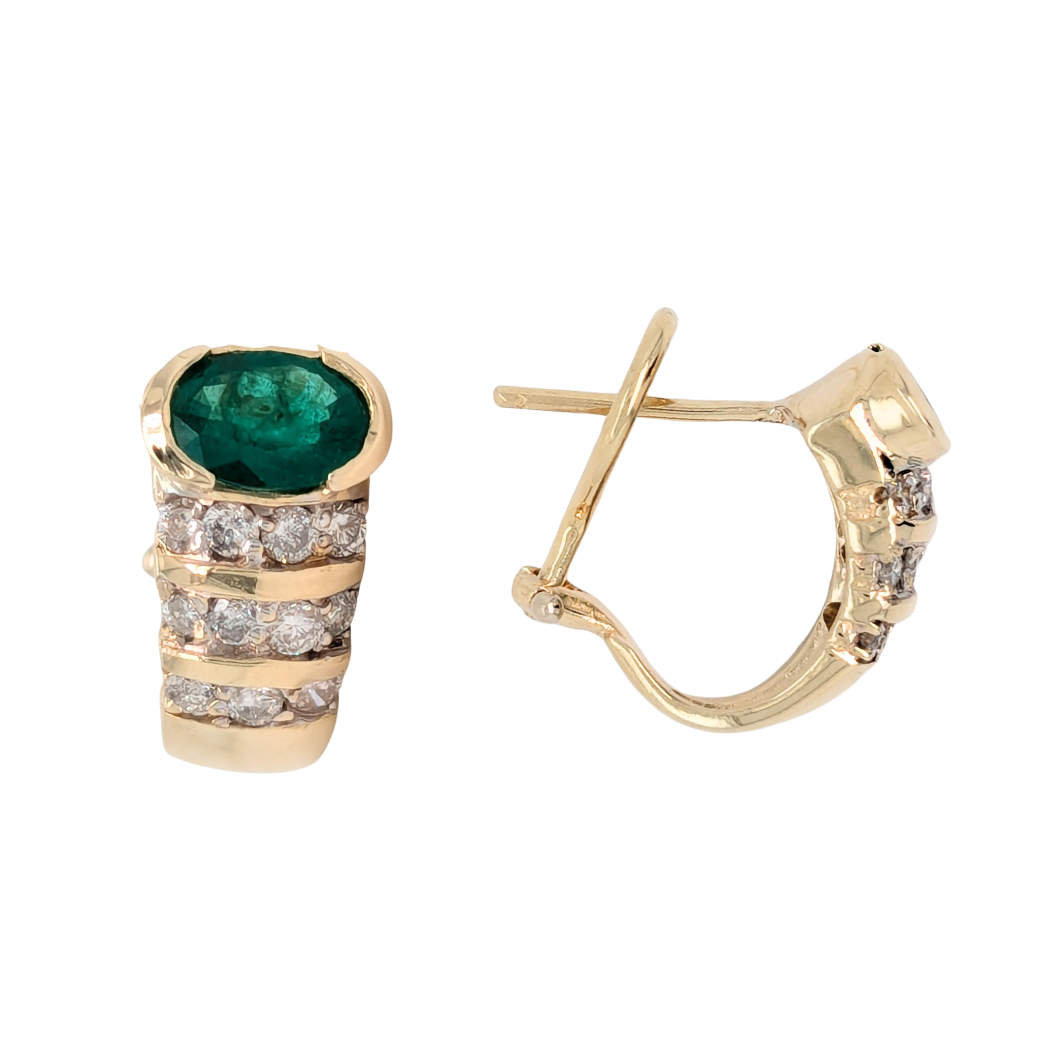 Estate: 14K Oval Emerald & Diamond Omega Back Earrings