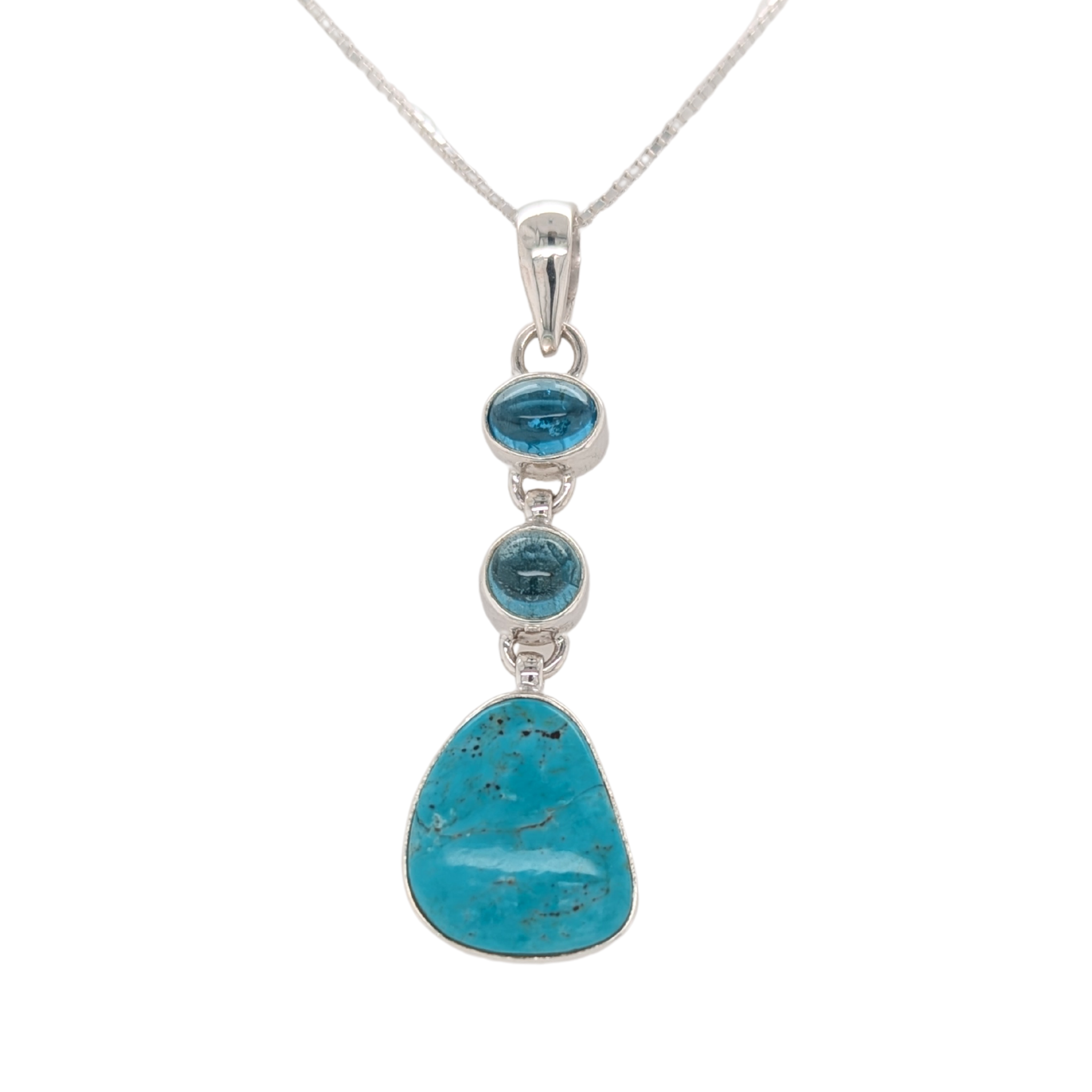 Sterling Silver Three Stone Blue Topaz & Turquoise Necklace