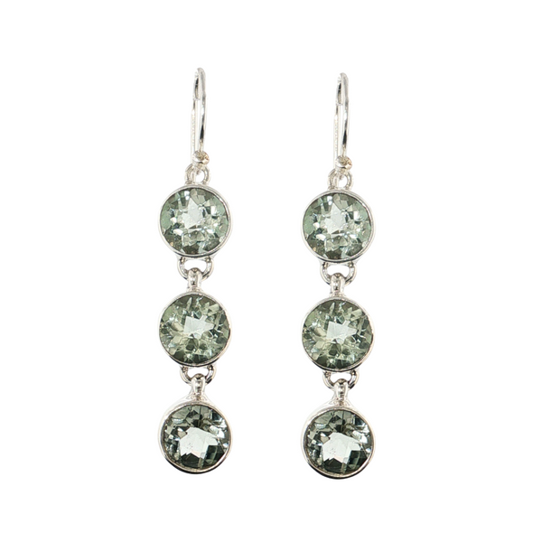 Sterling Sliver 3 Round Prasiolite Dangle Earrings.