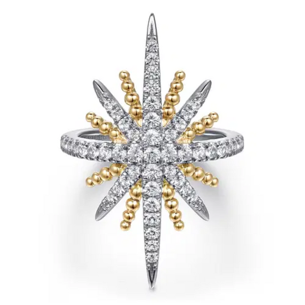 14K Yellow Gold and 925 Sterling Silver Bujukan White Sapphire Starburst Ladies Ring