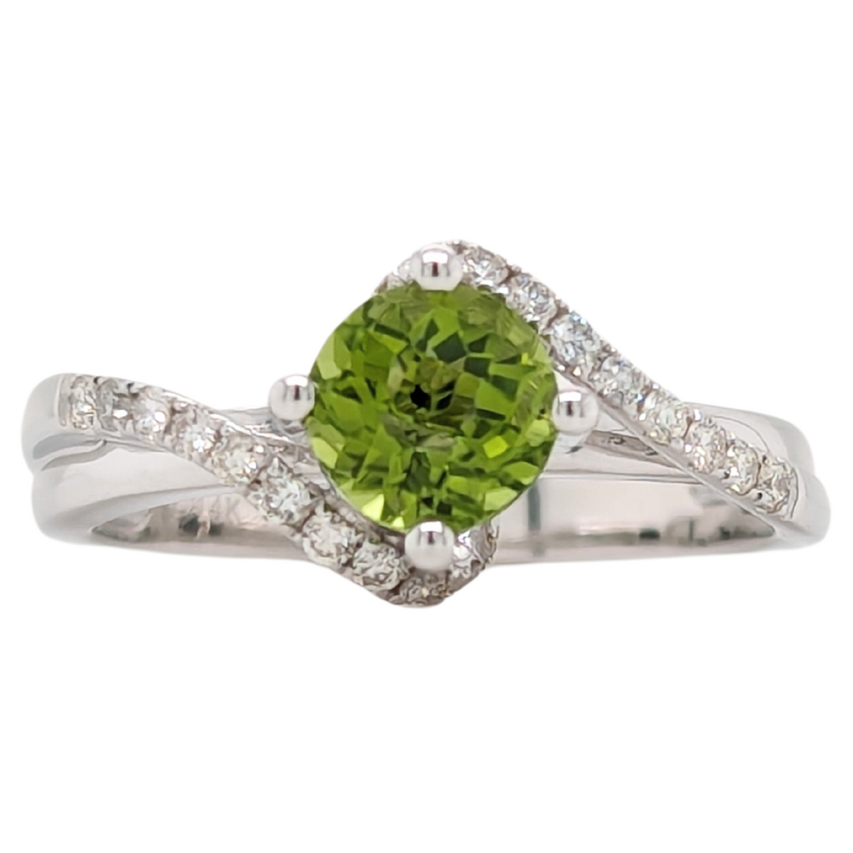 14K White Gold Checkerboard Peridot Ring with Diamonds