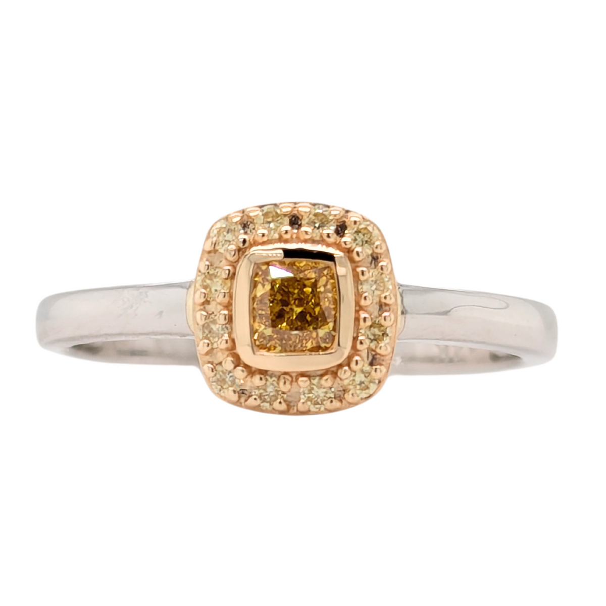 14K Two Tone Fancy Yellow Diamond Cushion Halo Ring