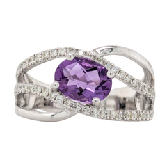 14K Oval Amethyst Multirow Ring with Diamonds