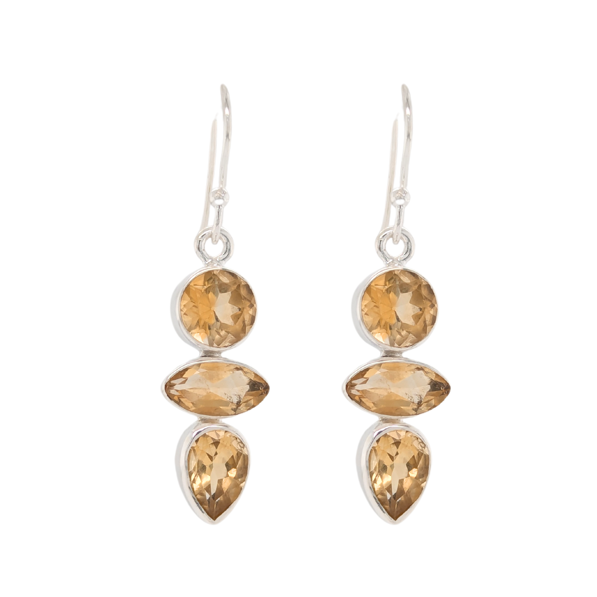 Sterling Silver Citrine Three Stone Dangle Earrings