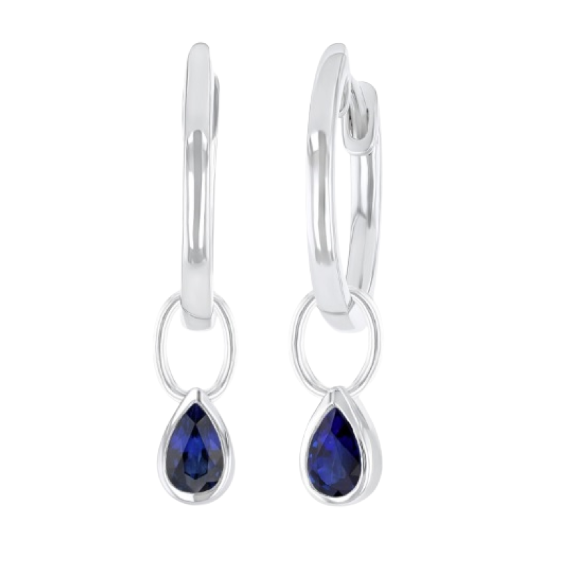 14 Karat Whilte Huggie Earrings with Pear Shaped Sapphires