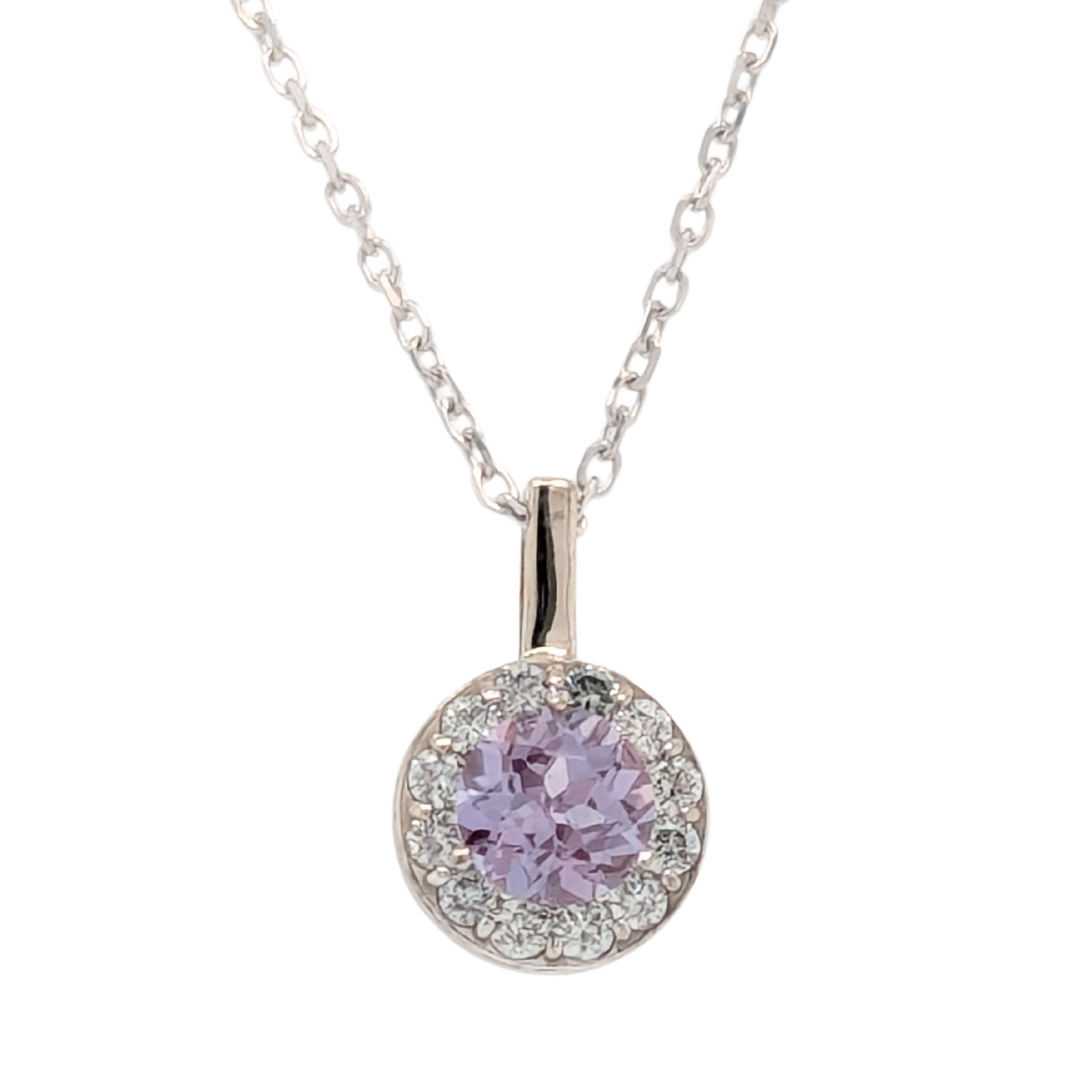 14K White Gold Lab-Created Alexandrite Birthstone Halo Necklace